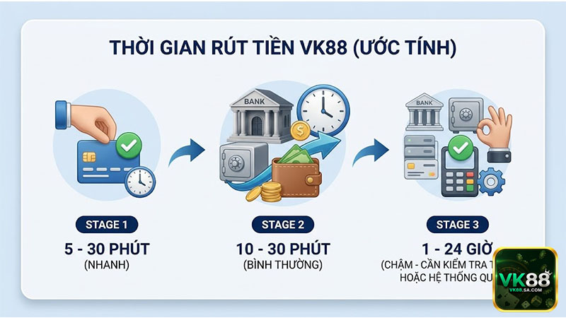 Thời gian rút tiền VK88 thường từ 5 phút đến 30 phút